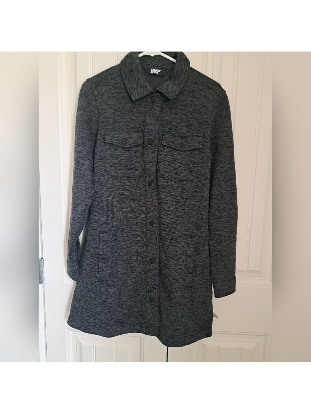 Lands END shacket sweater jacket grey black snap front pockets streetwear M 10